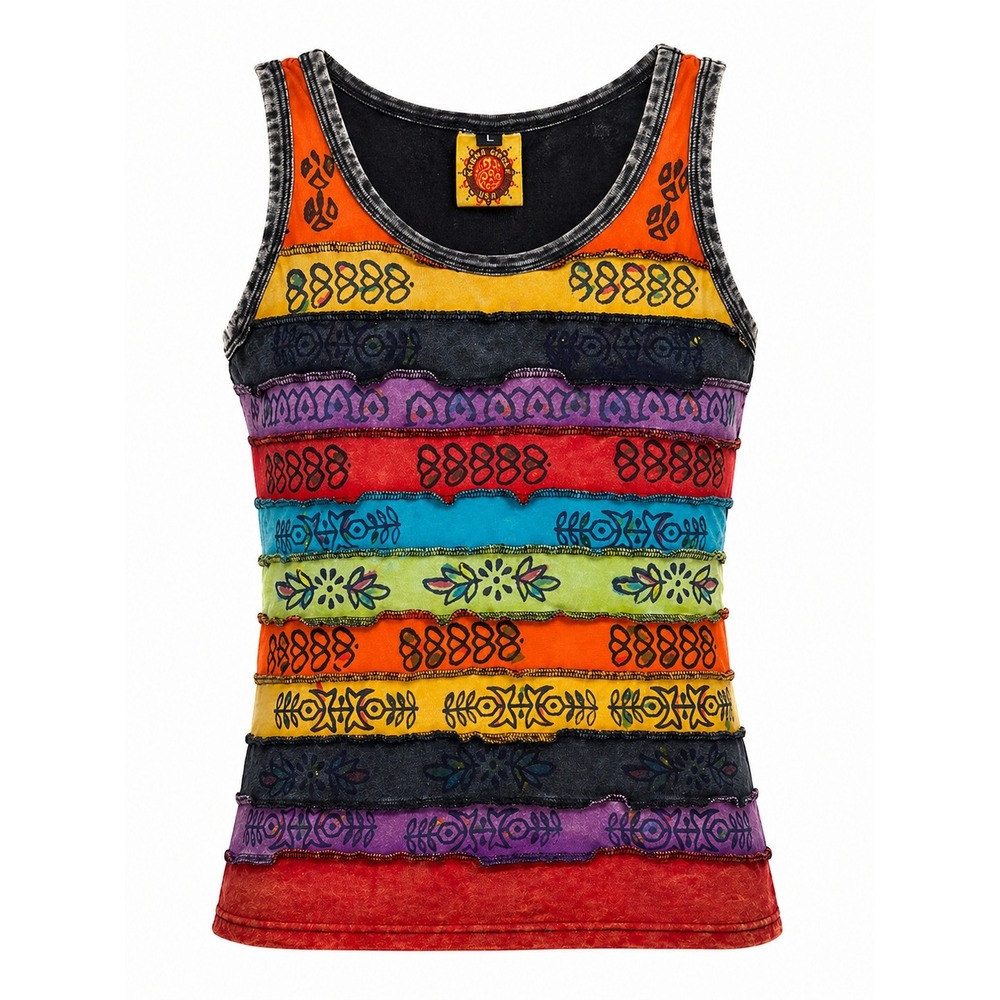 Karma Circle Tank Top Women L Boho Patchwork Stripe Tribal Y2K Festival